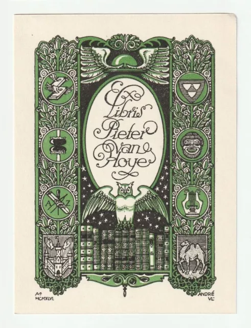 ANDRE VLAANDEREN: Exlibris für Pieter van Hoyer, 1946, Eule, Kamel