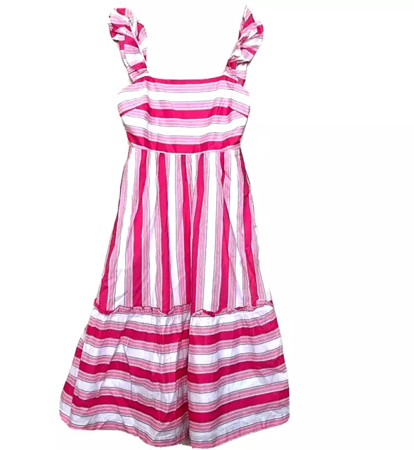 J. Crew Pink Striped Square Neck Midi Dress Size 8 Ruffle Smocked Back BS599