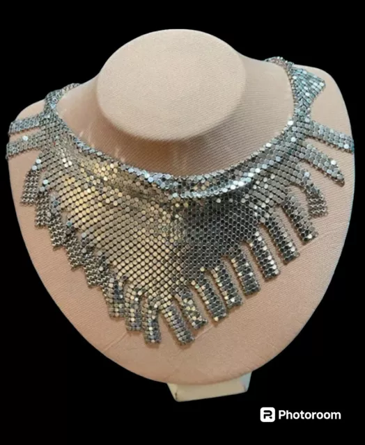 1970s Whiting & Davis Silver Chainmail Metal Mesh Fringed Vintage Bib Necklace