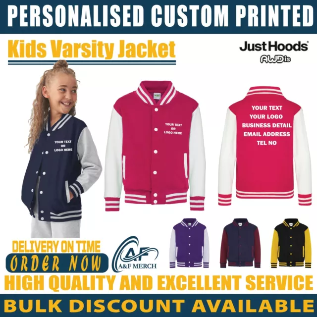 Personalised Custom Just Hoods Awdis Kids Varsity Jacket Baseball School JH43J