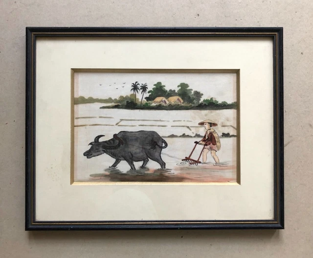 Work in the fields, watercolor on silk, Vietnam, Asia, 20th century