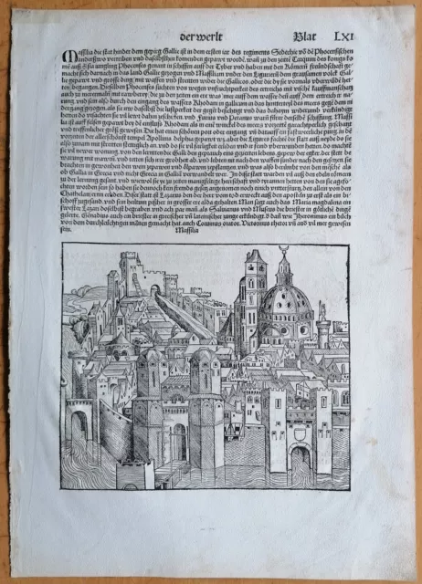 Schedel Original Incunable Leaf View of Marseille Massilia - 1493