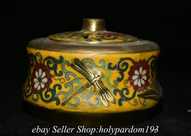 4.6" Old Chinese Bronze Enamel Cloisonne Dragonfly Flower Lid Jar Pot Censer