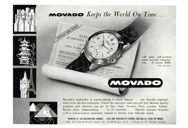 1954 Movado Watch: Chronometer, Keeps the World on Time Vintage Print Ad