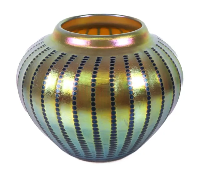 Lundberg Studio Iridescent Favrile Zipper Decor Art Glass Vase Signed TIFFANY