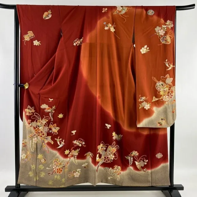Japanese Kimono Furisode Pure Silk Strip Of Paper Shouchikubai Gold Thread Red