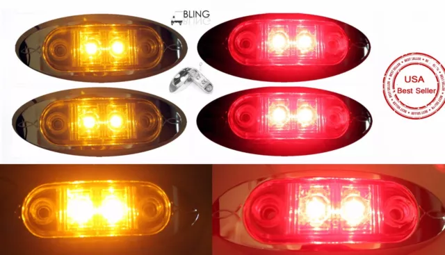 2 Amber 2 Red Oval FlatBase Clearance Fender Side Marker LED Light Truck Trailer