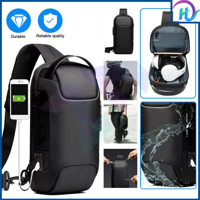 Men's Sling Backpack Waterproof Anti-theft Shoulder Crossbody Chest Bag USB Port