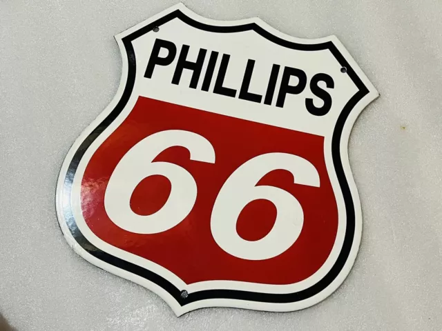 13 Inch Phillips 66 PORCELAIN SIGN Die Cut Shield Gasoline Sign Very Heavy