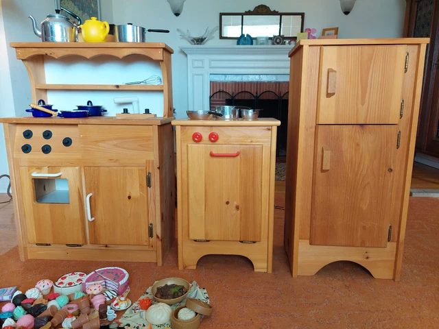 Play kitchen -- 3 piece set, solid wood, pots, pans, food -- endless fun! 