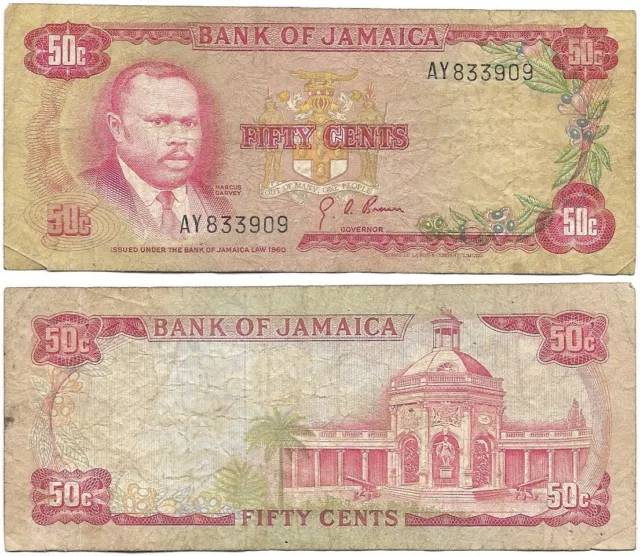 Jamaica 50c Cents 1/2 Dollar 1960 Marcus Garvey Banknote G P68Aa