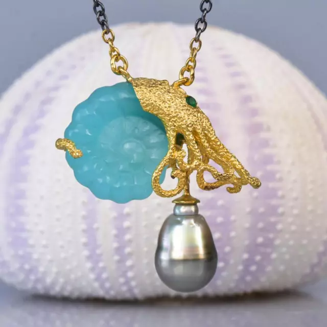 Necklace Nautilus Octopus Chalcedony Tahitian Pearl Gold Vermeil Sterling 14.83g