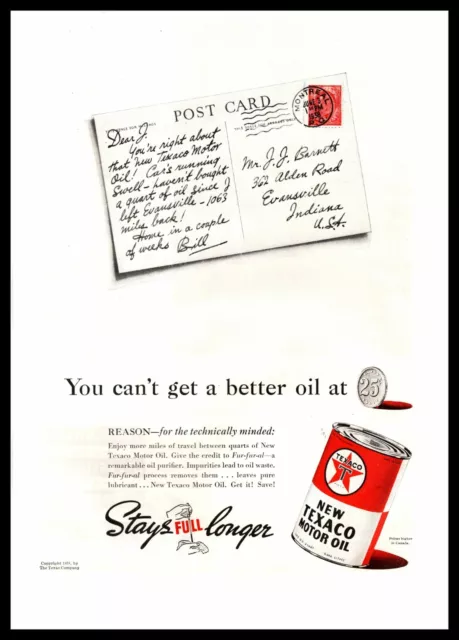 1938 Texaco Motor Oil "Stays Full Longer" Evansville Indiana Postcard Print Ad