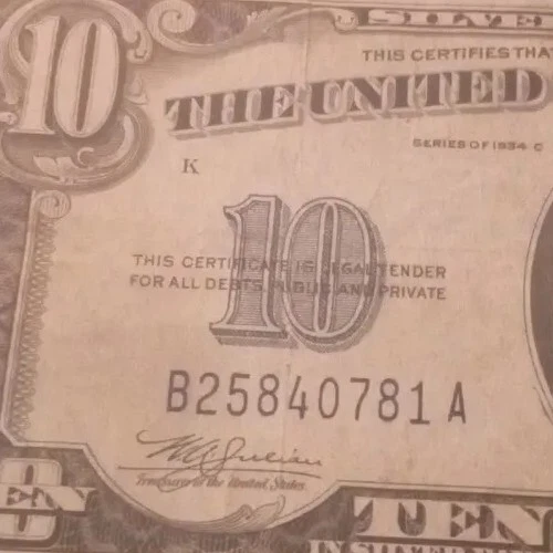 Fr 1704 Series 1934 C $10 Ten Dollar Silver Certificate Offset Seal Error USA 2