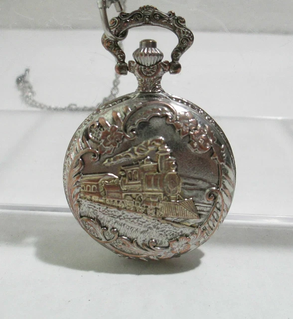 Train Pocket Watch with 15" Chain Quartz Jewelry Keepsake Silver & Copper Color