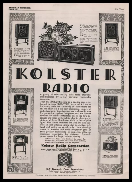 1929 Kolster Radio Corporation Newark New Jersey Tube Radios Vintage Print Ad