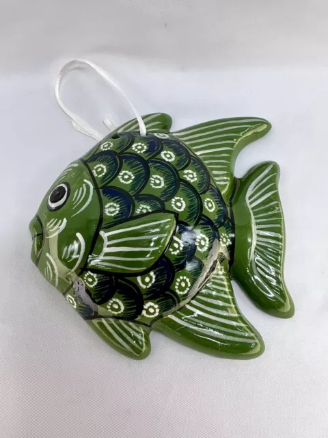 Tropical Fish Ornament Hanging Pottery Terracotta Nautical Green Retro Vintage 2