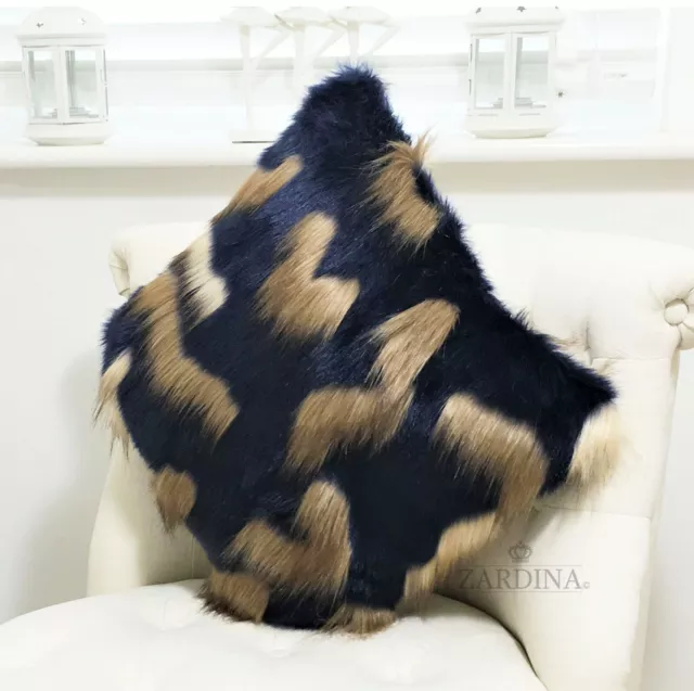 Zardina - Luxury Faux Fur Fluffy Scatter Cushion (Midnight Blue & Beige)