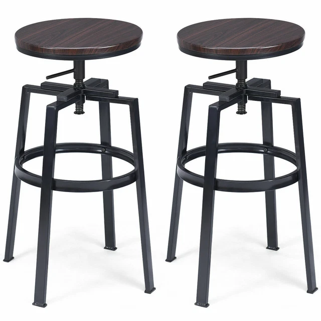 Set of 2 Vintage Bar Stool Adjustable Wood Metal Design Pub Chairs Industrial