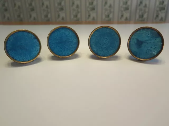 Vtg? Retro Brass & Blue Swirl Plastic Drawer Pulls 1-7/8" Dia. Set of 4  VIDEO