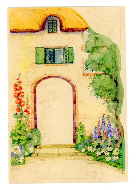 Vintage greetings card artwork illustration floral garden sundial cottage #4 2