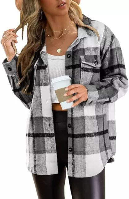 Womens Casual Plaid Shacket Button Down Long Sleeve Shirt