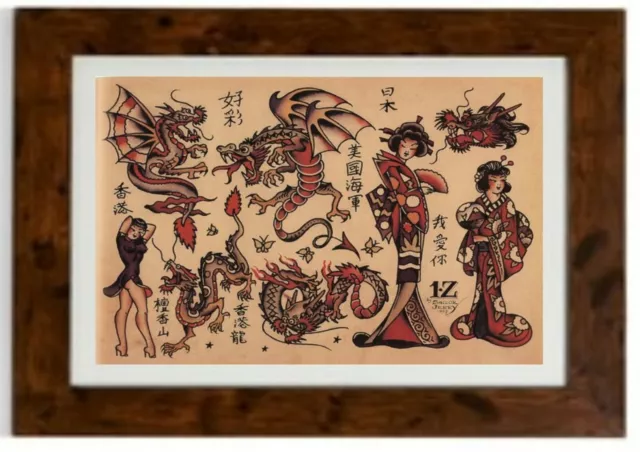 Tattoo Flash 4 Vintage Traditional Tattoo Framed Print by Sailor Jerry