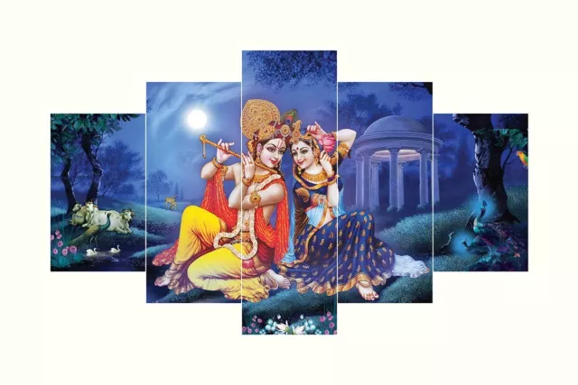 Set of 5 Radha Krishna Self Adhesive UV Coated Religious 3D Paintings for Home