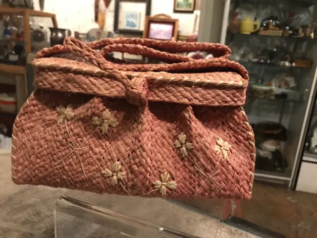 Vintage Antique Mid Century Modern Bohemian Rattan Woven Purse Bag