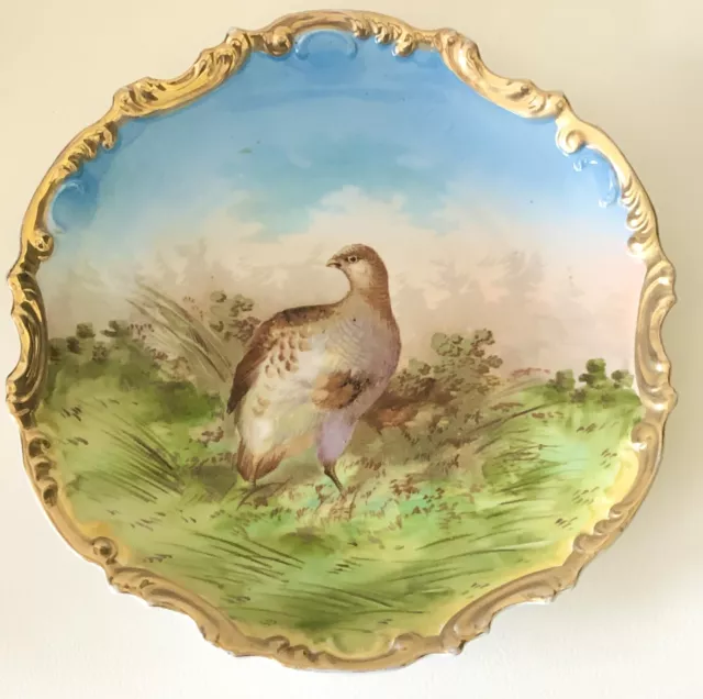 ANTIQUE Victorian Game QUAIL Bird ENCRUSTED GOLD Cabinet Plate HAND PAINTED TRAY