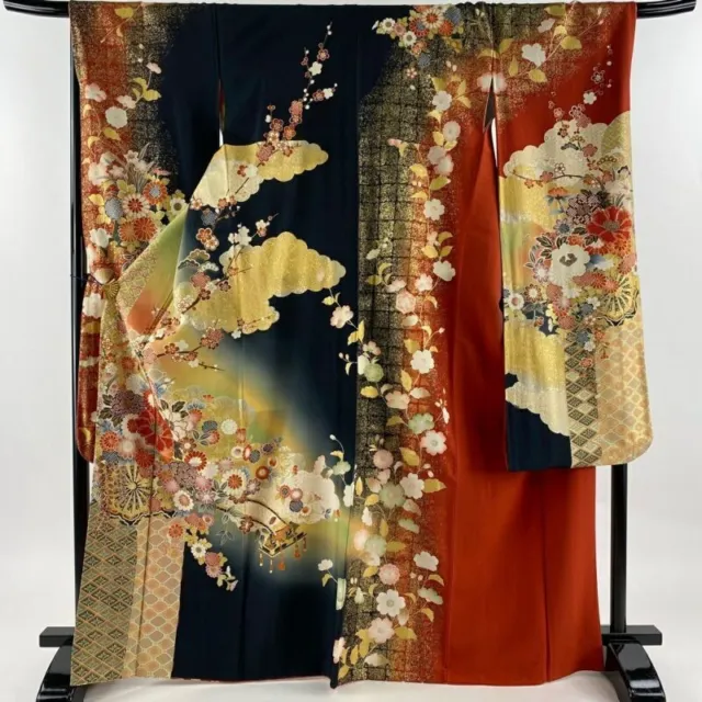 Woman Japanese Kimono Furisode Silk Flower Cart Gold Silver Foil Blur Black