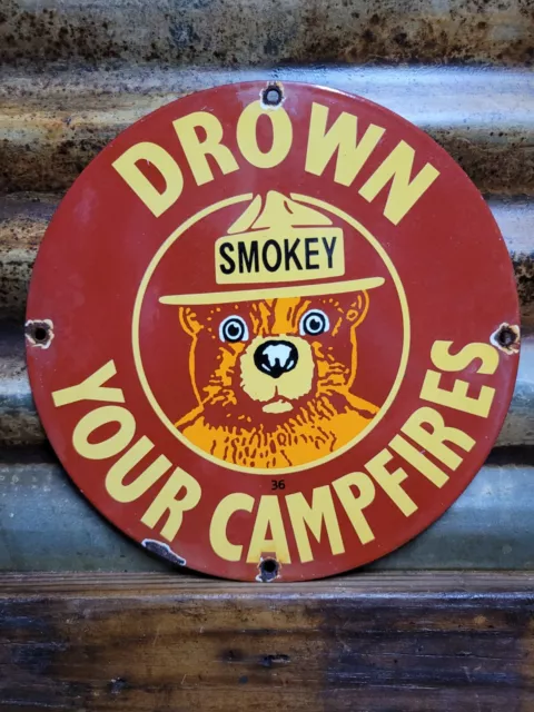 Vintage Smokey Bear Porcelain Sign Us Forest Service Cabin Fire National Parks