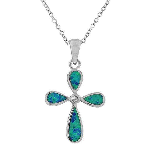 Sterling Silver Cross Blue Turquoise Fire Opal Pendant Necklace