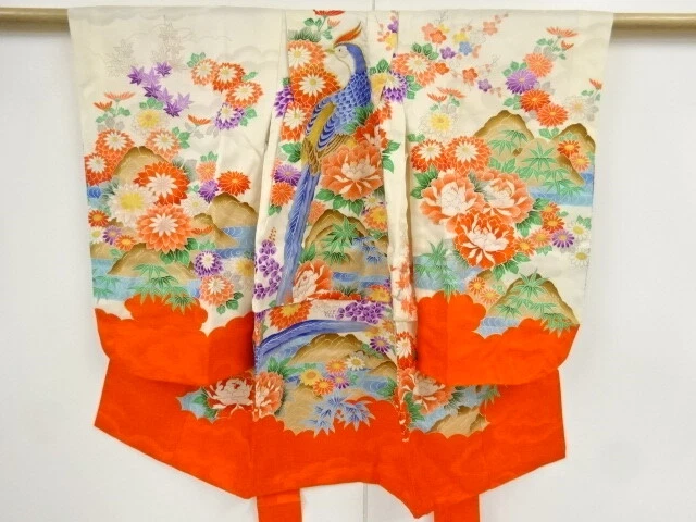 36156# Japanese Kimono / Antique Kimono For Girls / Long Tailed Rooster With Peo