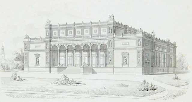 HAMBURG - Zeitschrift für Bauwesen - Außenansicht Kunsthalle - Kupferstich, 1868