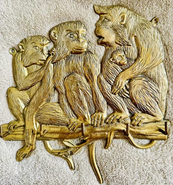 Brass Key Holder Monkeys Wall Mounted 5 Hooks Animals Gold 7" Vintage
