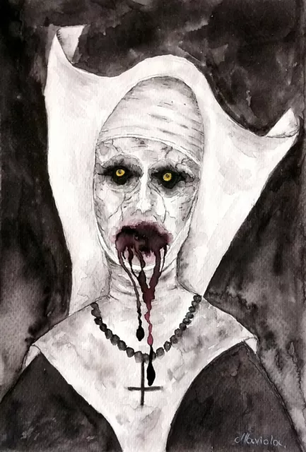 8,3"X6", Nun Ghost, Original watercolor , dark painting, Modern Art, 21x15cm