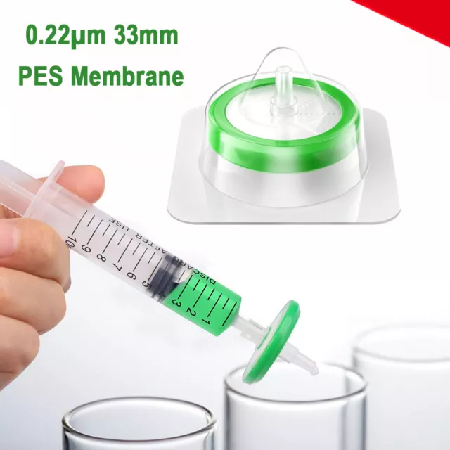 Lab Sterile Syringe Filter PES, 0.22 micron Pore Size, 33mm Diameter, Pack of 10