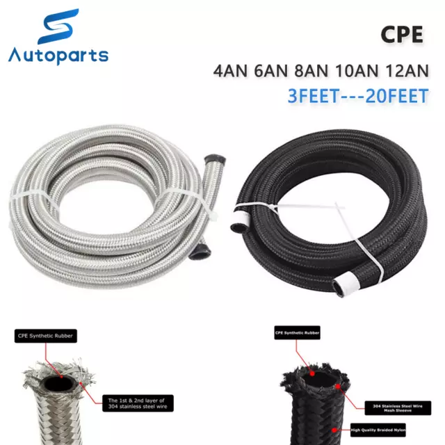 4AN 6AN 8AN 10AN 12AN Nylon + Stainless Steel Braided Fuel Hose Oil Gas Air Line