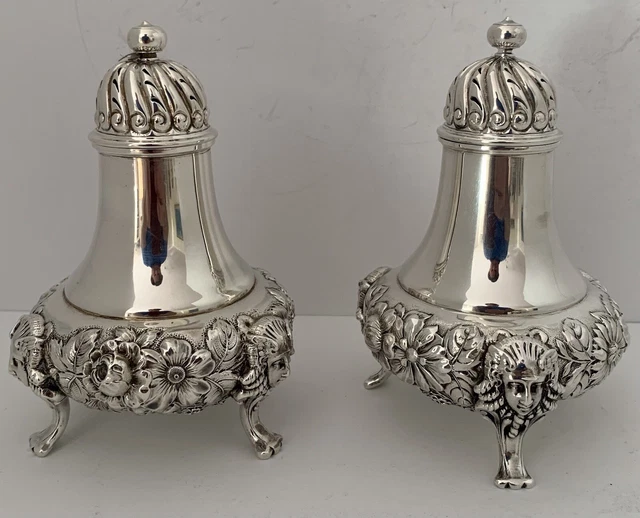 Gorham Massive 16.2 Ozt Sterling Figural Mask Repousse Salt Pepper Shakers 1899