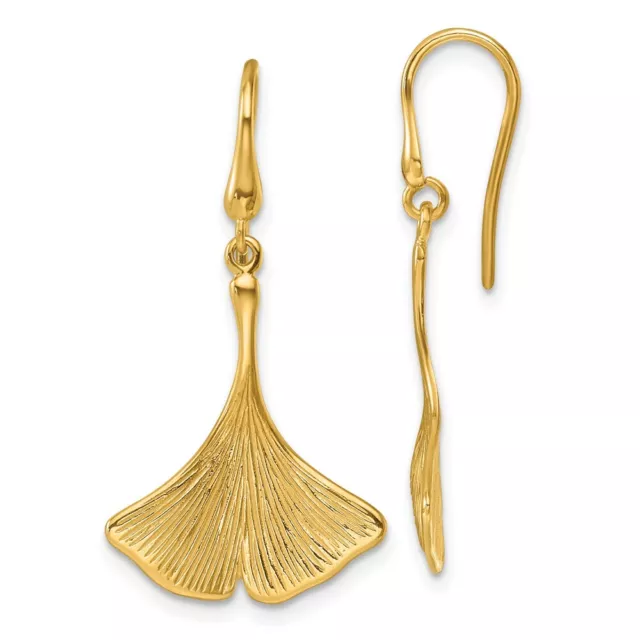 14k Yellow Gold Polished and Textured Large Textured Leaf Drop & Dangle Earrings