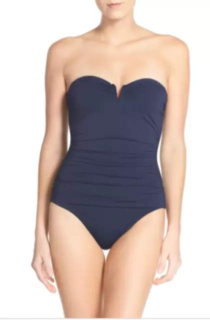 Tommy Bahama Pearl Shirred Bandeau One-Piece (Navy) Women's Swimsuits Size 12