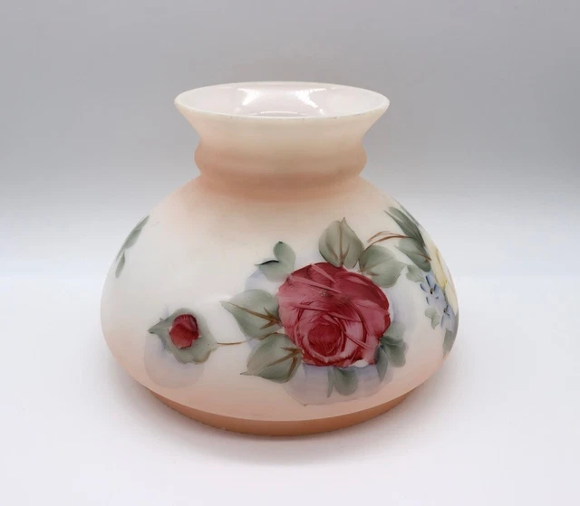 VTG 6.5 In Fitter Peach Pink Milk Glass With Hand Painted Roses Hurricane Shade 4