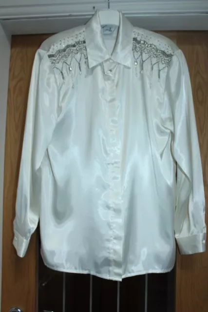 vtg 80S Travilla ivory liquid satin embellished blouse shirt shoulder pads sz 16