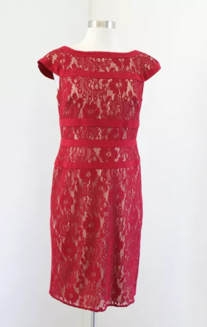 Adrianna Papell Red Nude Lace Illusion Cap Sleeve Sheath Dress Cocktail Size 6