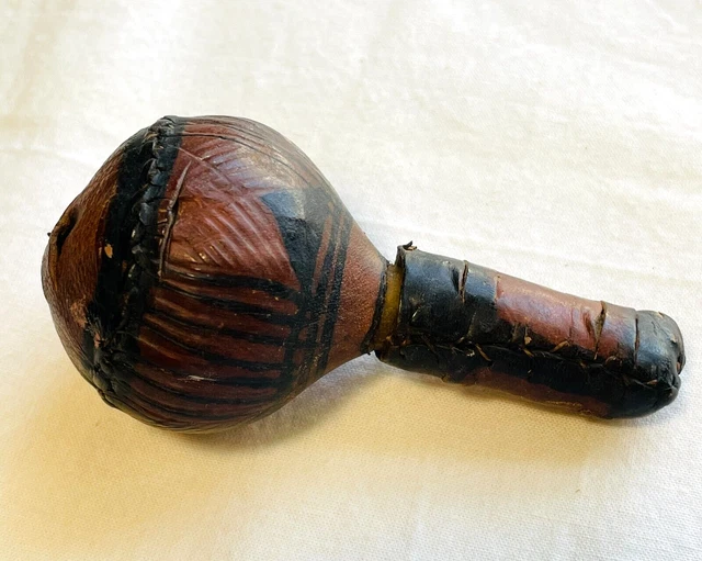 Native American Rattle Small 3" Painted, Carved, Sewn Leather & Rawhide Estate