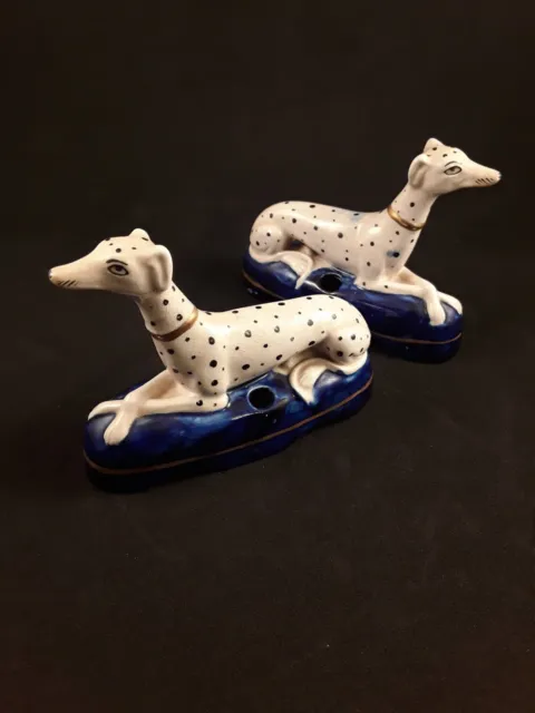 Pair of Antique Staffordshire Pottery Dog / Hound Inkwells