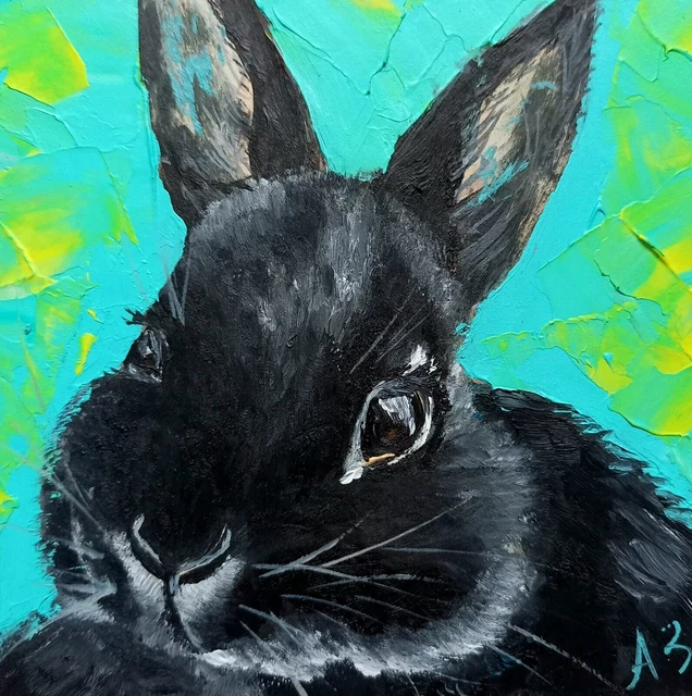 Rabbit Oil Painting Black Bunny Original Art Wildlife Animals Portrait Artwork