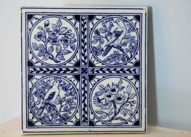Vintage MINTON HOLLINS & CO BLUE and WHITE TILE -  Song Birds & Flowers - 5 of 6