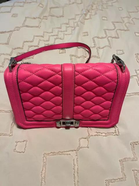 Rebecca Minkoff Love Crossbody Leather Quilted Purse bright pink  Gold Chain